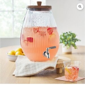 🍂Pioneer Woman🍷☕ Glass 2gal Ribbed Beverage Dispenser with Wood